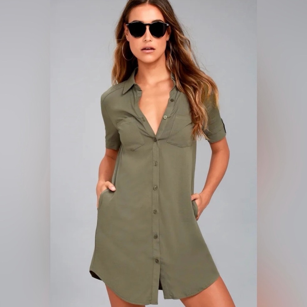 Lulus Oxford Comma Olive Green Shirt Dress - Size XS